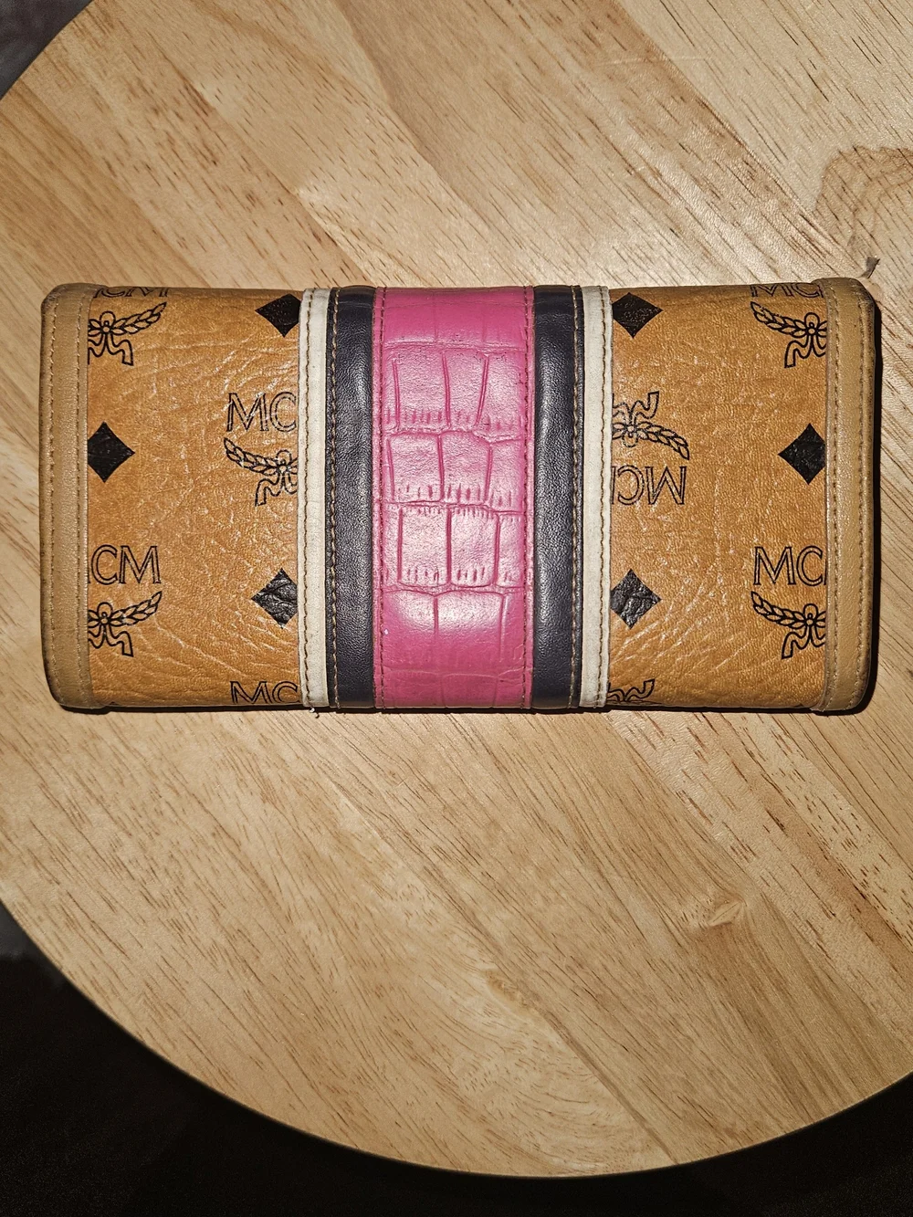 MCM Cognac Logo Trifold Wallet with Pink Stripe